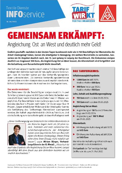 Gemeinsam erkämpft: Angleichung Ost an West und deutlich mehr Geld!, Infoservice Textile Dienste Nr. 6/2023