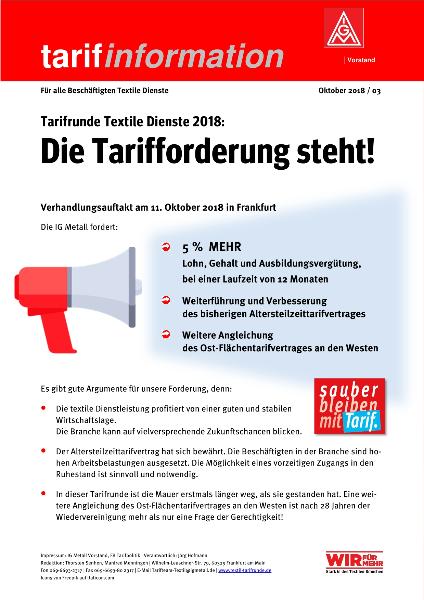 Die Tarifforderung steht!, tarifinformation für alle Beschäftigten Textile Dienste Oktober 2018/03 (einseitig)