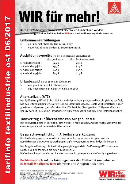 Tarifbewegung Textilindustrie Ost: Wir für mehr!, Tarifinfo Textilindustrie Ost 06/2017