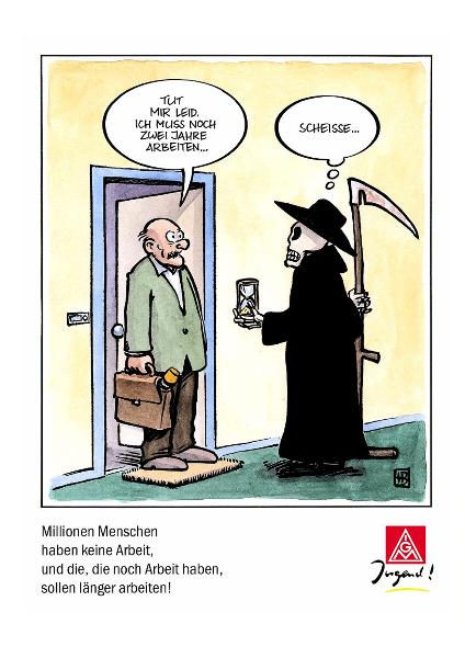 Postkarten-Cartoon: Tut mir leid. Ich muß noch zwei Jahre arbeiten ...