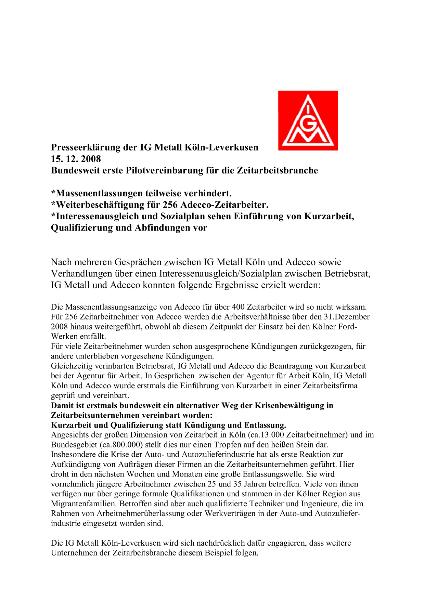 Pressemitteilung IG Metall Köln-Leverkusen: Kurzarbeit in der Leiharbeit, 15.12.2008