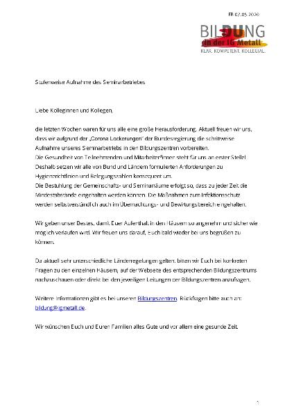 Stufenweise Aufnahme des Seminarbetriebes
