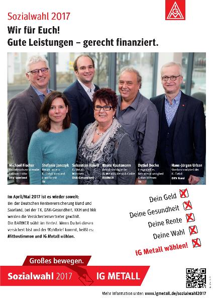 Plakat mit den Spitzenkandidaten der IG Metall-Listen bei den Trägern mit Urwahl