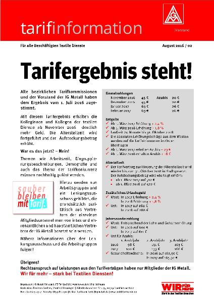 Tarifergebnis steht!, tarifinformation Textile Dienste, Nr. 2/August 2016