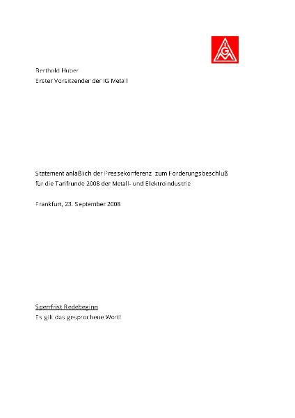 Pressestatement Berthold Huber zum Forderungsbeschluss am 23.09.2008