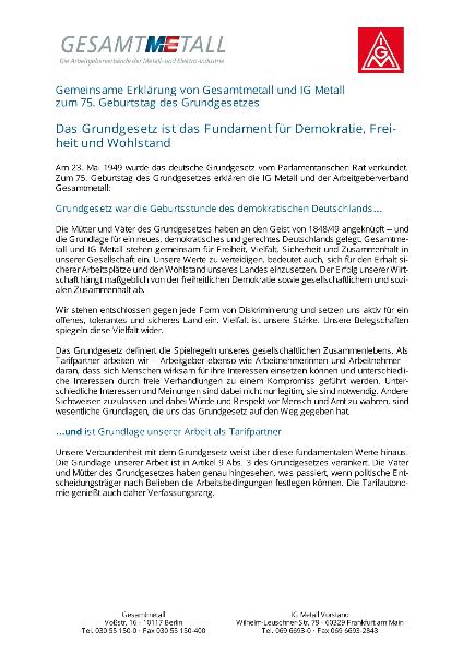 Gemeinsame Erklärung von Gesamtmetall und IG Metall zum 75. Geburtstag des Grundgesetzes