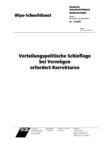 DGB: Wipo-Schnelldienst Nr.15, Verteilungspolitische Schieflage bei Vermögen erfordert Korrekturen