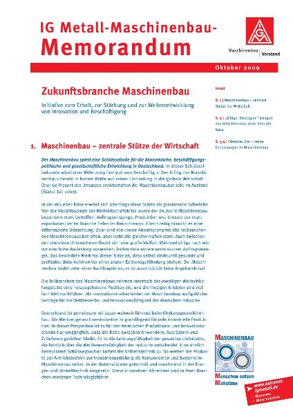 IG Metall-Maschinenbau-Memorandum: Initiative zum Erhalt, zur Stärkung und zur Weiterentwicklung von Innovation und Beschäftigung