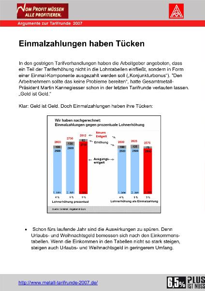 Einmalzahlungen haben Tücken - Argument zur Tarifrunde 2007