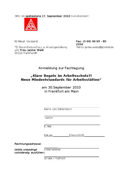 Anmeldung zur Fachtagung 'Klare Regeln im Arbeitsschutz?! Neue Mindeststandards für Arbeitsstätten' am 30. September 2010 in Frankfurt