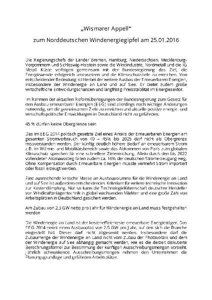 ''Wismarer Appell'' zum Norddeutschen Windenergiegipfel am 25.01.2016