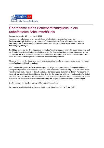 LAG-Presseinfo zum Anspruch eines Betriebsratsmitglieds auf unbefristete Übernahme