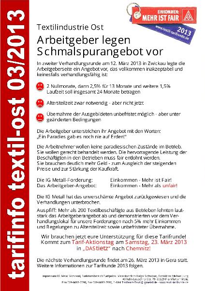 Textilindustrie Ost: Arbeitgeber legen Schmalspurangebot vor, tarifinfo textil-ost 03/2013