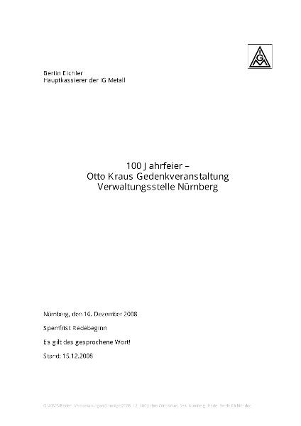 Bertin Eichler: 100 Jahrfeier - Otto Kraus Gedenkveranstaltung Verwaltungsstelle Nürnberg