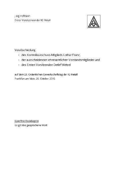 Jörg Hofmann: Verabschiedung des Kontrollausschuss-Mitglieds Lothar Franz, der ausscheidenden ehrenamtlichen Vorstandsmitglieder und des Ersten Vorsitzenden Detlef Wetzel