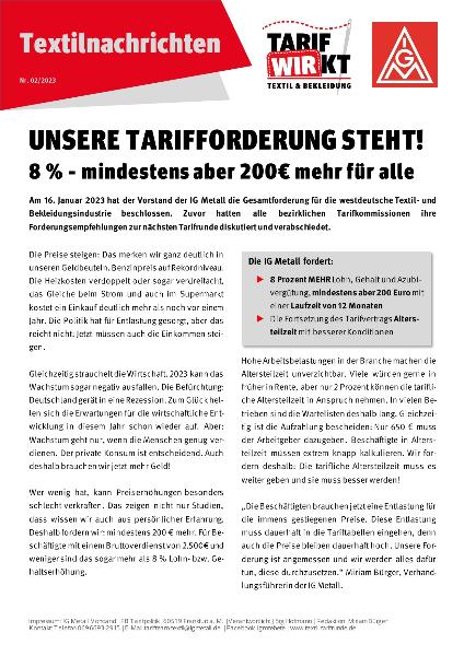Unsere Tarifforderung steht! 8% - mindestens aber 200 Euro mehr für alle, Textilnachrichten Textil Bekleidung West Nr. 02/2023
