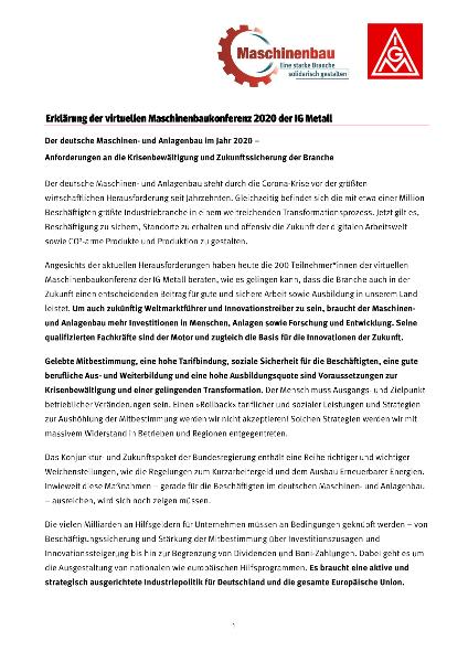 Erklärung der virtuellen Maschinenbaukonferenz 2020 der IG Metall: Der deutsche Maschinen- und Anlagenbau im Jahr 2020 - Anforderungen an die Krisenbewältigung und Zukunftssicherung der Branche