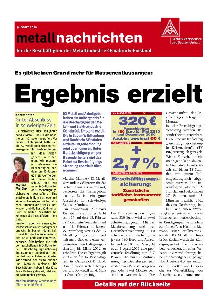 metallnachrichten für die Beschäftigten der Metallindustrie Osnabrück-Emsland - Tarifergebnis 2010