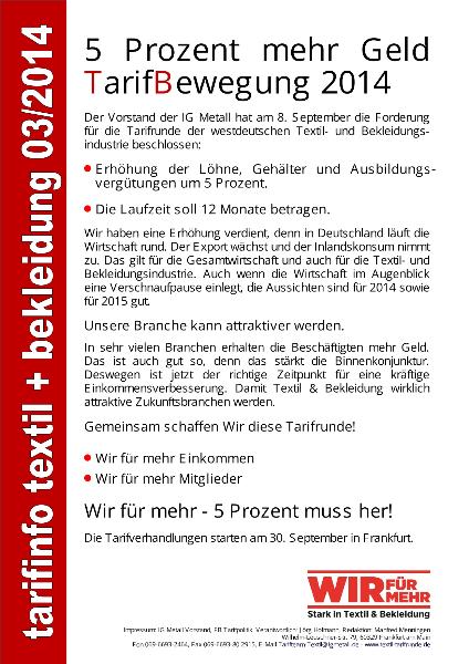 Fünf Prozent mehr Geld - TarifBewegung 2014, Tarifinfo Textil und Bekleidung 03/2014