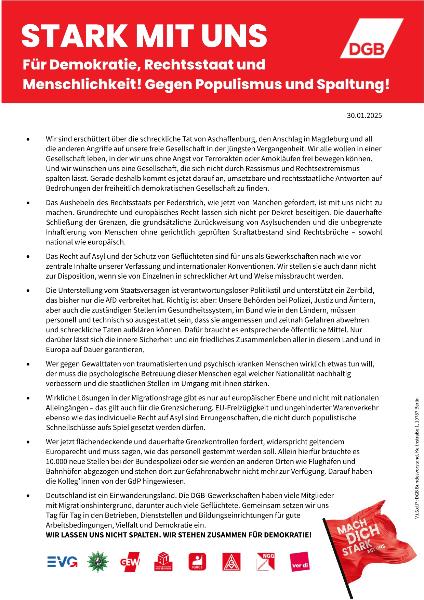 DGB: Stark mit uns. Für Demokratie, Rechtsstaat und Menschlichkeit! Gegen Populismus und Spaltung!