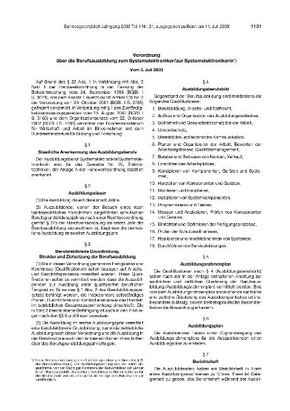 Verordnung über die Berufsausbildung zum Systemelektroniker/zur Systemelektronikerin