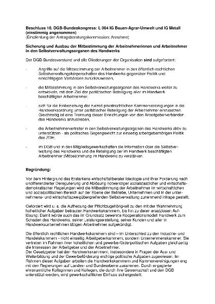 Beschluss DGB-Bundeskongress: IG BAU - IG Metall / Mitbestimmung im Handwerk
