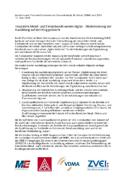 Gemeinsame Presseinformation von Gesamtmetall, IG Metall, VDMA und ZVEI, 15. März 2018