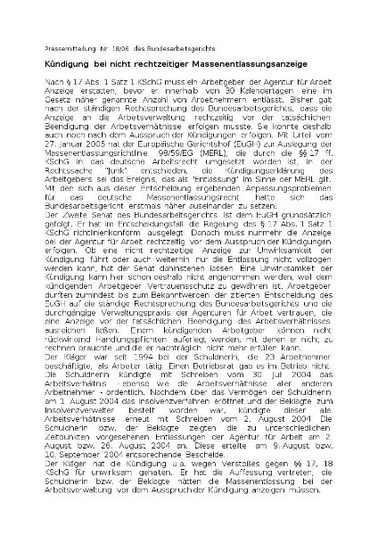 Pressemitteilung des BAG (Nr. 18/06) zum Begriff der Massenentlassung