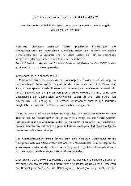 Psychische Gesundheit in der Arbeit - eine gemeinsame Herausforderung der Arbeitswelt von morgen, Positionspapier von IG Metall und VDBW