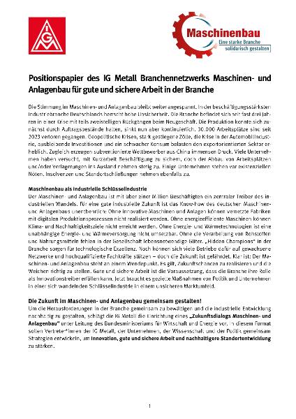 Positionspapier des IG Metall Branchennetzwerks Maschinen- und Anlagenbaufür gute und sichere Arbeit