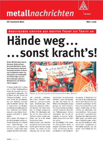 metallnachrichten Kfz-Handwerk West: Arbeitgeber greifen auf breiter Front Tarife an, März 2008