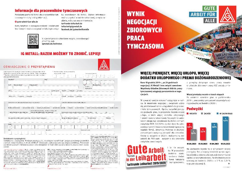 Flugblatt zum Tarifergebnis Leiharbeit 2019/2020 in polnischer Sprache (zum Ausdruck vor Ort)