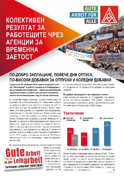 Flugblatt zum Tarifergebnis Leiharbeit 2019/2020 in bulgarischer Sprache (Ansichtsexemplar)
