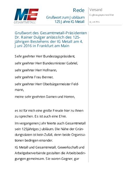 Festakt: Grußwort Gesamtmetall-Präsidenten Dr. Rainer Dulger anlässlich des 125-jährigen Bestehens der IG Metall am 4.Juni 2016 in Frankfurt am Main
