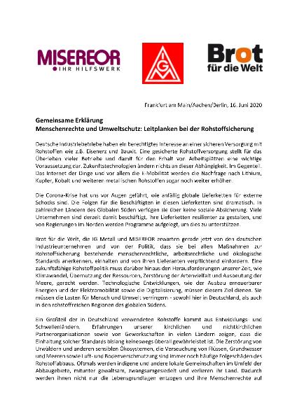 Gemeinsame Erklärung: Menschenrechte und Umweltschutz: Leitplanken bei der Rohstoffsicherung