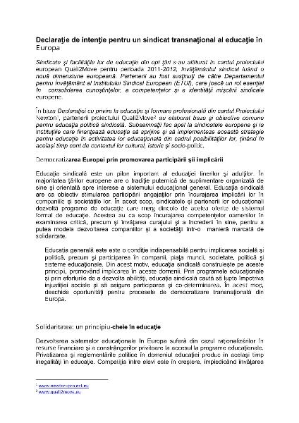 Absichtserklärung für eine transnationale gewerkschaftliche Bildung in Europa (rumänische Fassung)