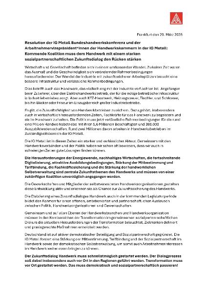 Resolution der IG Metall Bundeshandwerkskonferenz und der Arbeitnehmervizepräsident*innen 