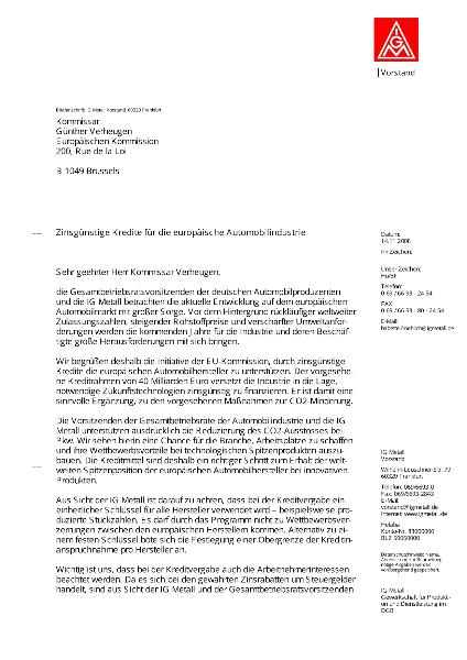 IG Metall und Automobil-Betriebsräte begrüßen Kredite für die europäische Autoindustrie und formulieren Bedingungen