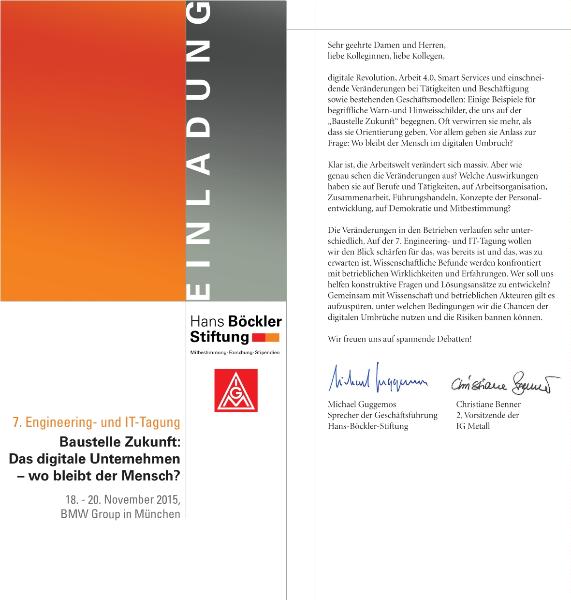 Baustelle Zukunft: Das digitale Unternehmen - wo bleibt der Mensch?, 7. Engineering- und IT-Tagung der Hans-Böckler-Stiftung in Kooperation mit der IG Metall, 18. bis 20. November 2015
