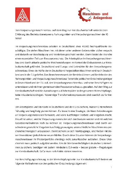Den Verpackungsmaschinenbau auf dem Weg zur Kreislaufwirtschaft unterstützen, Erklärung des Betriebsrätenetzwerks Nahrungsmittel- und Verpackungsmaschinen der IG Metall
