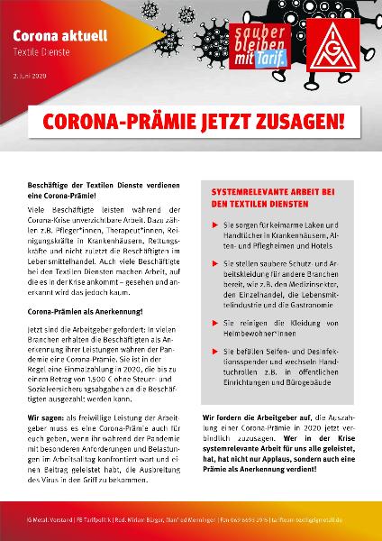 Textile Dienste: Corona Prämie jetzt zusagen!