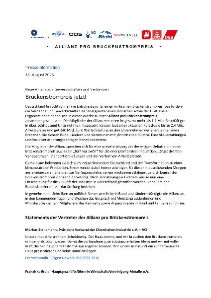 Presseinformation: Neue Allianz aus Gewerkschaften und Verbänden - Brückenstrompreis jetzt!