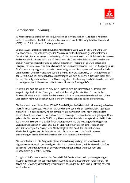 Gemeinsame Erklärung der Gesamtbetriebsratsvorsitzenden der deutschen Automobilindustrie und der IG Metall vom 31. Juli 2017