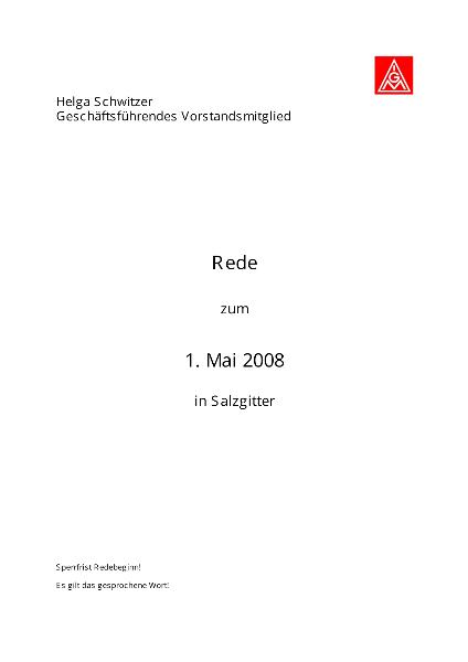 Helga Schwitzer: Rede zum 1. Mai 2008, Salzgitter