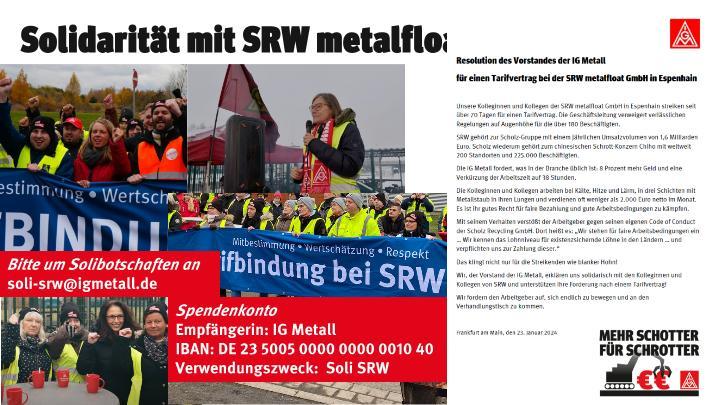 Solidarität mit SRW metalfloat, Aushang mit Spendenkonto