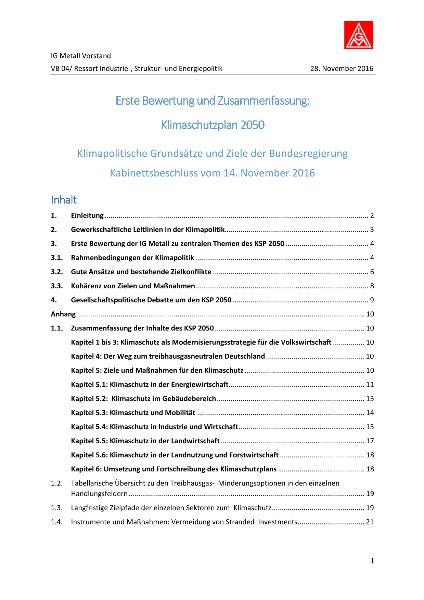 Klimaschutzplan 2050: Bewertung der IG Metall