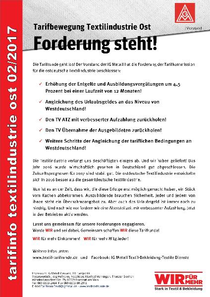 Tarifbewegung Textilindustrie Ost: Forderung steht!, Tarifinfo Textilindustrie Ost 02/2017
