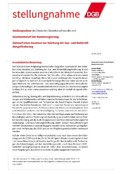 Stellungnahme des Deutschen Gewerkschaftsbundes zum Referentenentwurf des Bundesministeriums für Arbeit und Soziales (Entwurf eines Gesetzes zur Stärkung der Aus- und Weiterbildungsförderung und Einführung einer Bildungszeit)