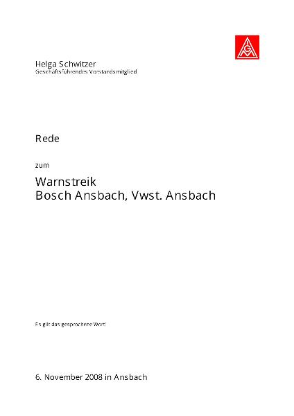 Helga Schwitzer: Rede zum Warnstreik bei Bosch Ansbach, Ansbach, 06. November 2008