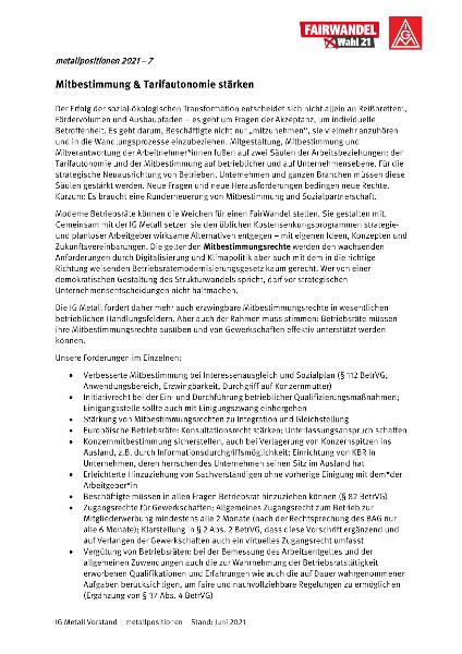 metallpositionen 2021 - 7: Mitbestimmung & Tarifautonomie stärken